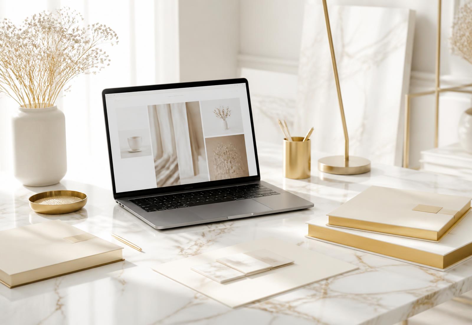 White marble desk with gold brand collateral and a laptop showing a luxury brand website